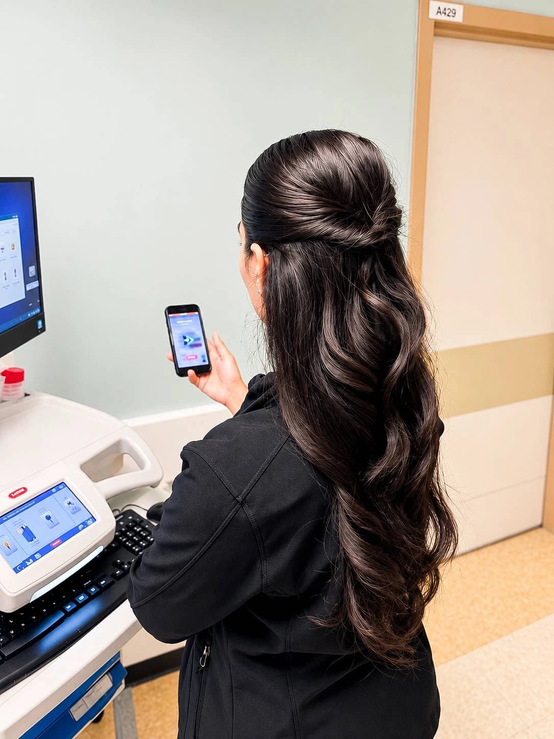 A nurse at a workstation on wheels in the corridor, using CareShift on her phone
